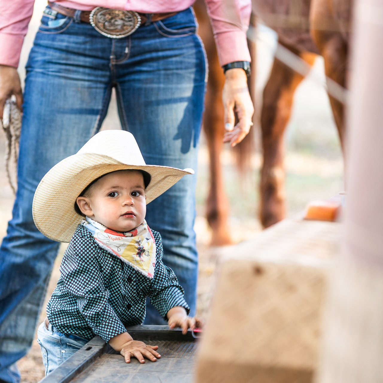 Baby dressed as a cowboy with his mum's legs and horse's legs behind him. Blue jeans and a big buckle.