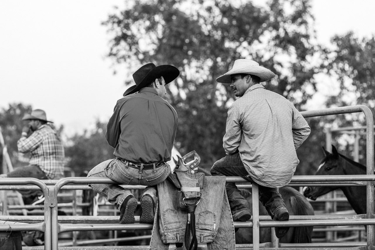 Two cowboys at the rodeo, sitting chatting on the railings