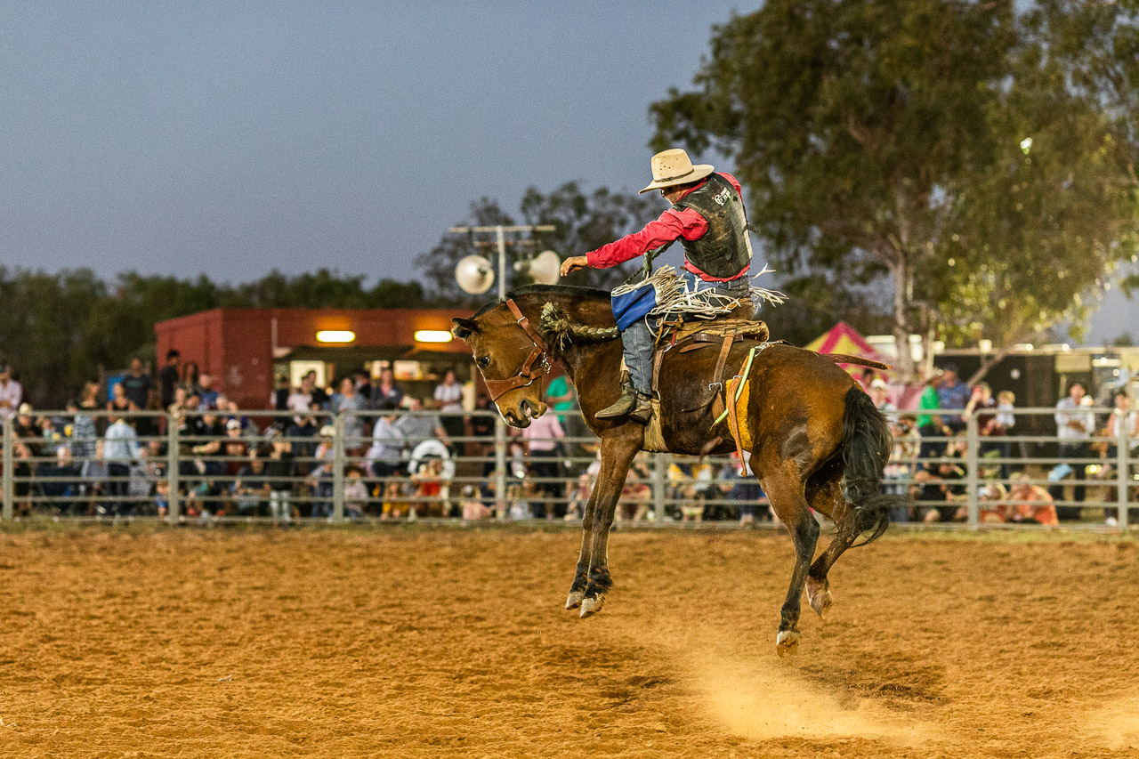 Airborne horse and cowboy at the Broome Rodeo 2019