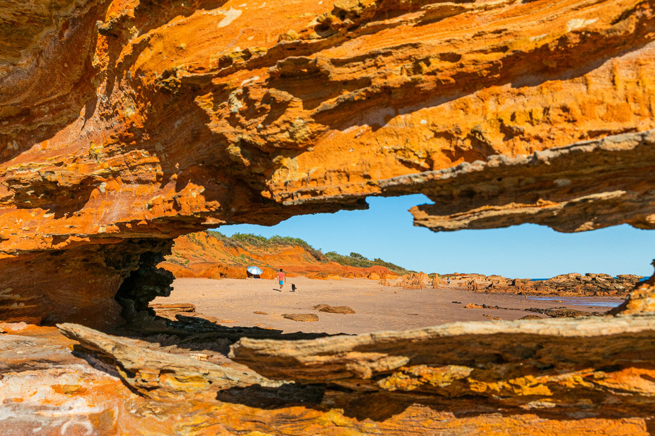 The pindan red rocks at Riddell Beach contrast to the white sand of Broome's Cable Beach