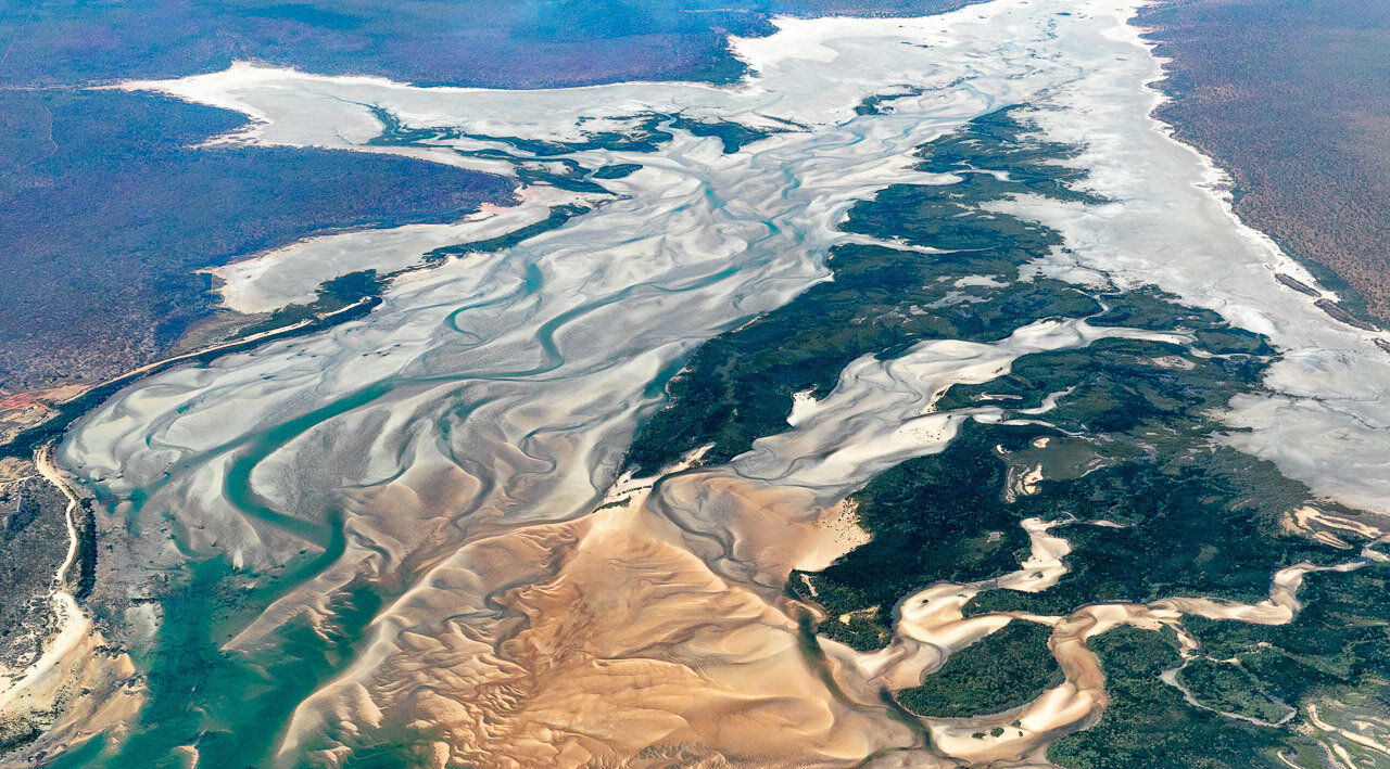 View from the window of a sea plane near Pender Bay on the Dampier Peninsula, Western Australia