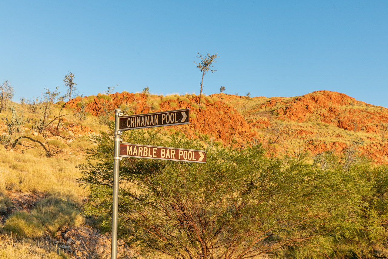 The signpost to Marble Bar Pool and Chinaman Pool in the Pilbara, WA