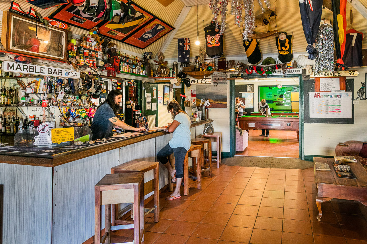 Plenty of paraphernalia decorates the iconic Iron Clad Hotel in Marble Bar