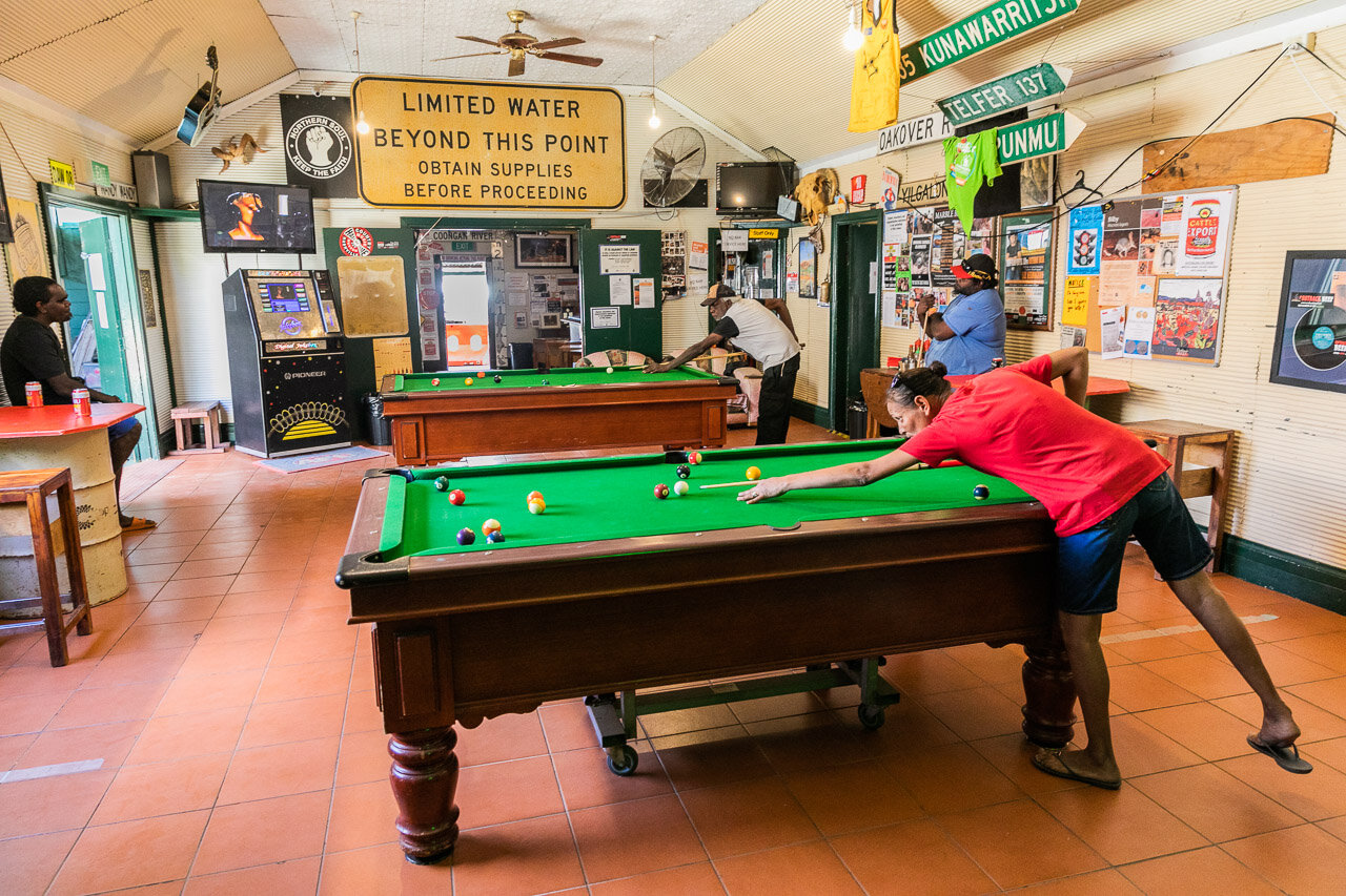 Pool players at Marble Bar's iconic Iron Clad Hotel in outback Western Australia