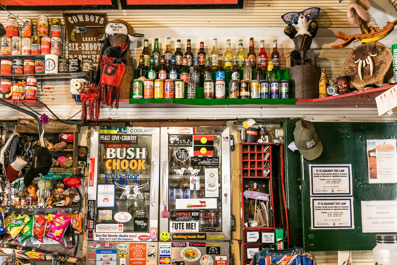 Behind the bar at the Iron Clad Hotel in Marble Bar.