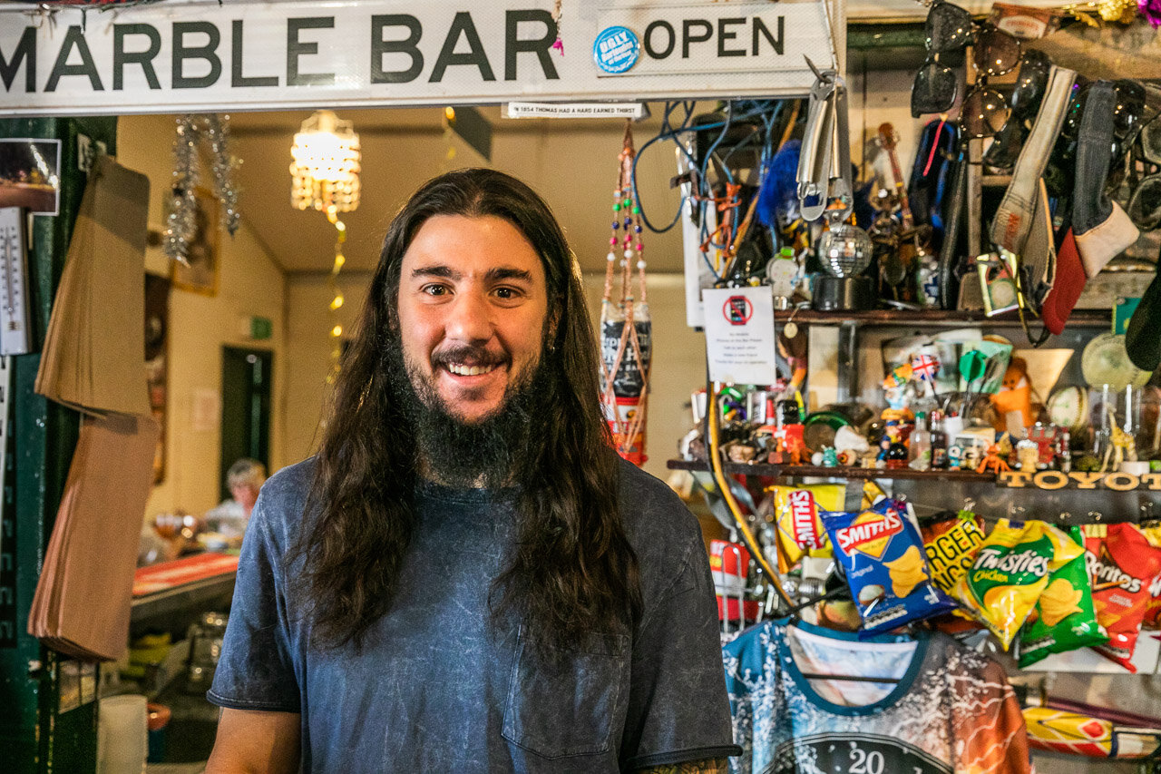 The barman at the Iron Clad Hotel in Marble Bar