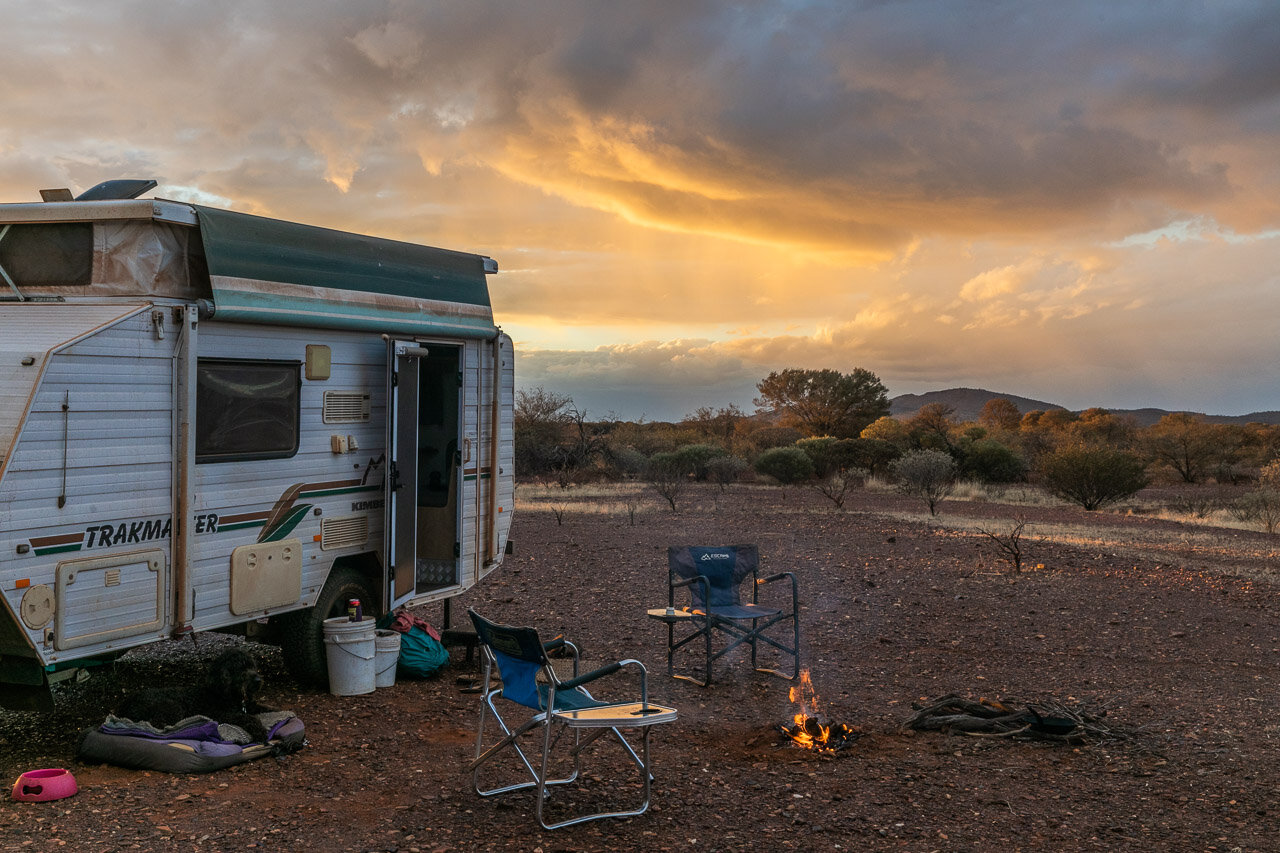 Bush camping at sunset in the Goldfields neat Mount Augustus