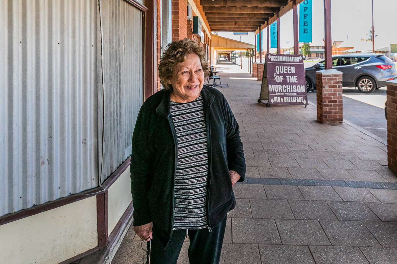 Owner Pixie outside Bell's Emporium in Cue, in the heart Western Australia's Goldfields