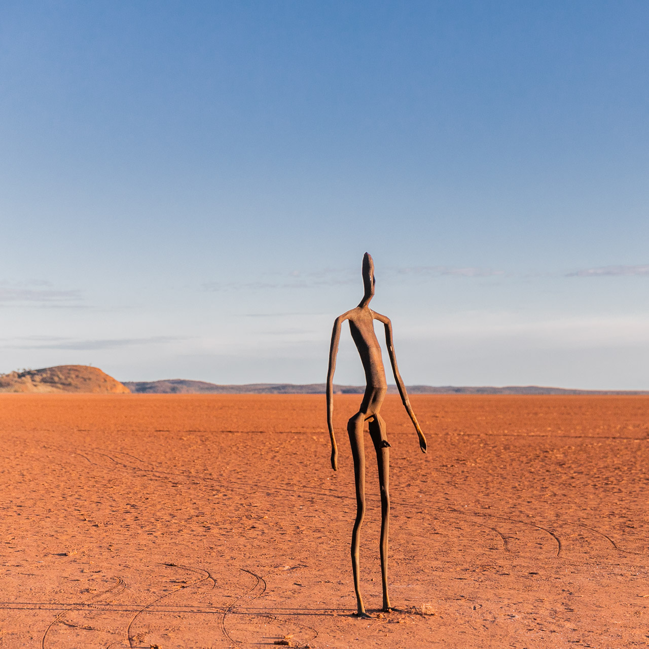 One of Antony Gormley's 51 sculptures on Lake Ballard in WA's Goldfields