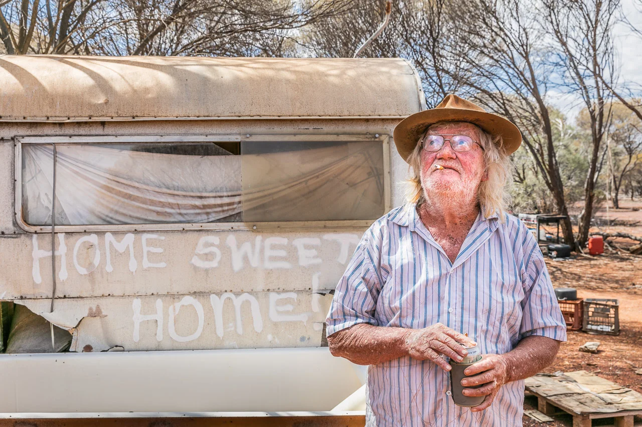 Gold prospector, Lazy Les at home, sweet home, at his bush camp in the Goldfields