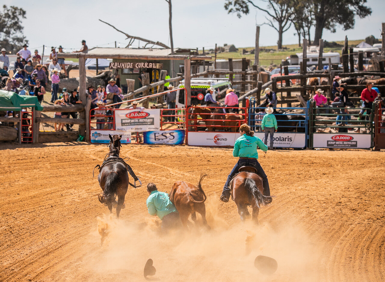 Hats tumbling and steer roping at the Boyup Brook Rodeo on Harvey Dickson's property