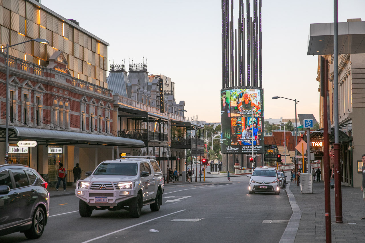 Looking down William Street to Yagan Tower, and Nic Duncan's exhibition Beyond the Traffic Lights.