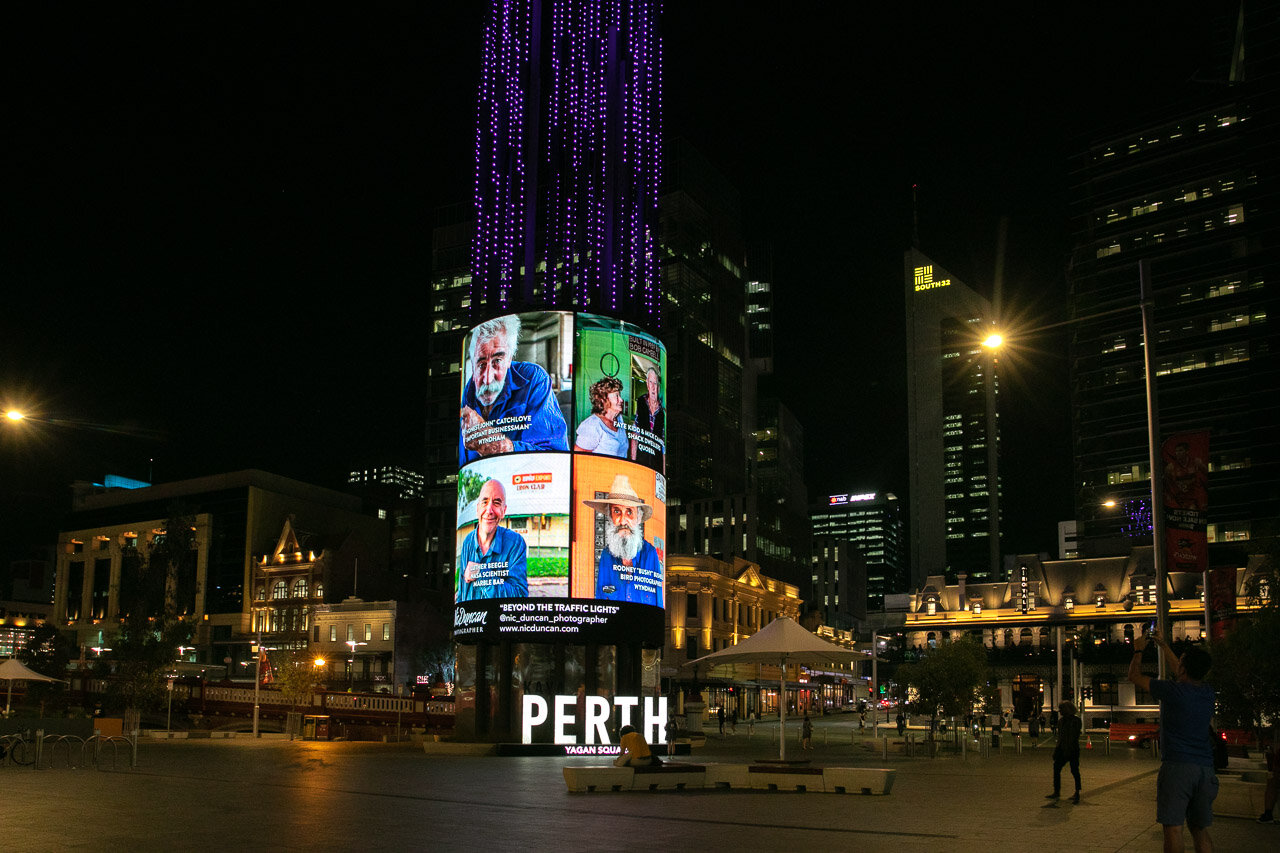 Perth's Yagan Tower screening Beyond The Traffic Lights, an exhibition by photographer Nic Duncan.