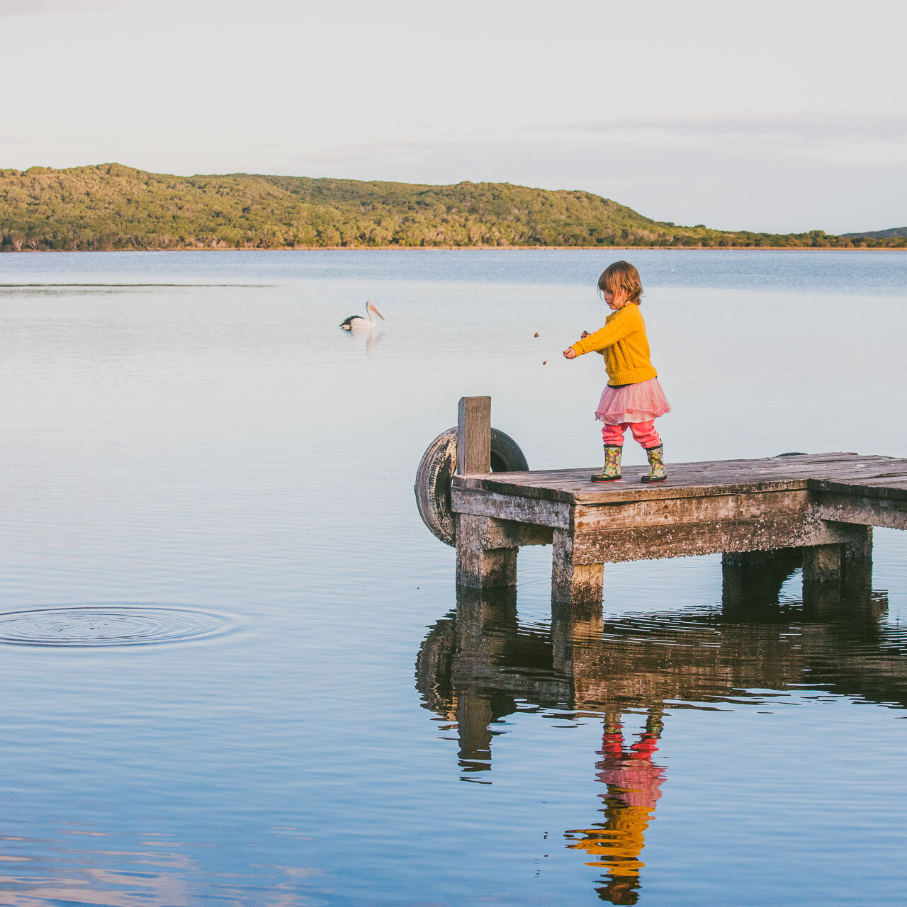 Small girl throwing pebbles in the Wilson Inlet and making circular ripples in the still water