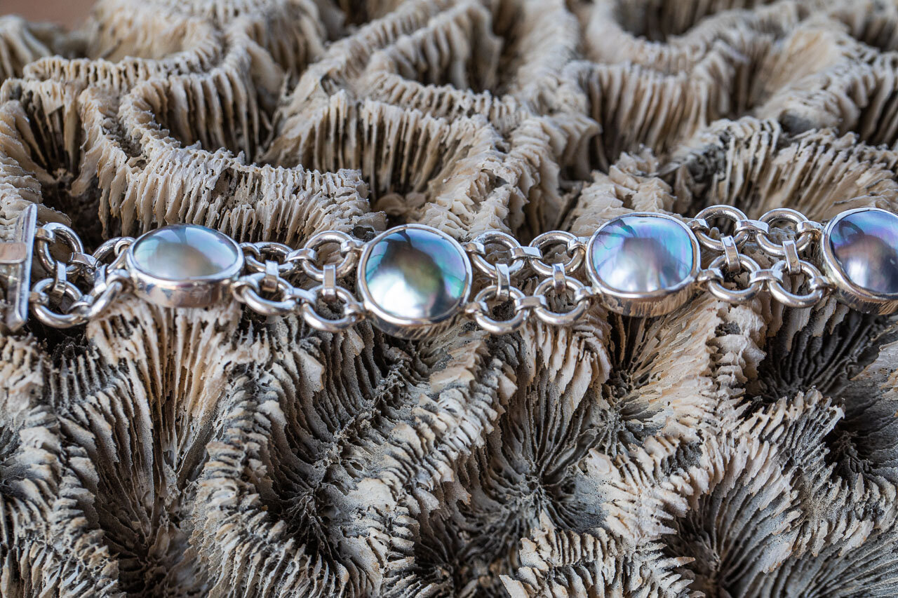 Jane Liddon's chunky pearl jewellery photographed here on Abrolhos Island coral