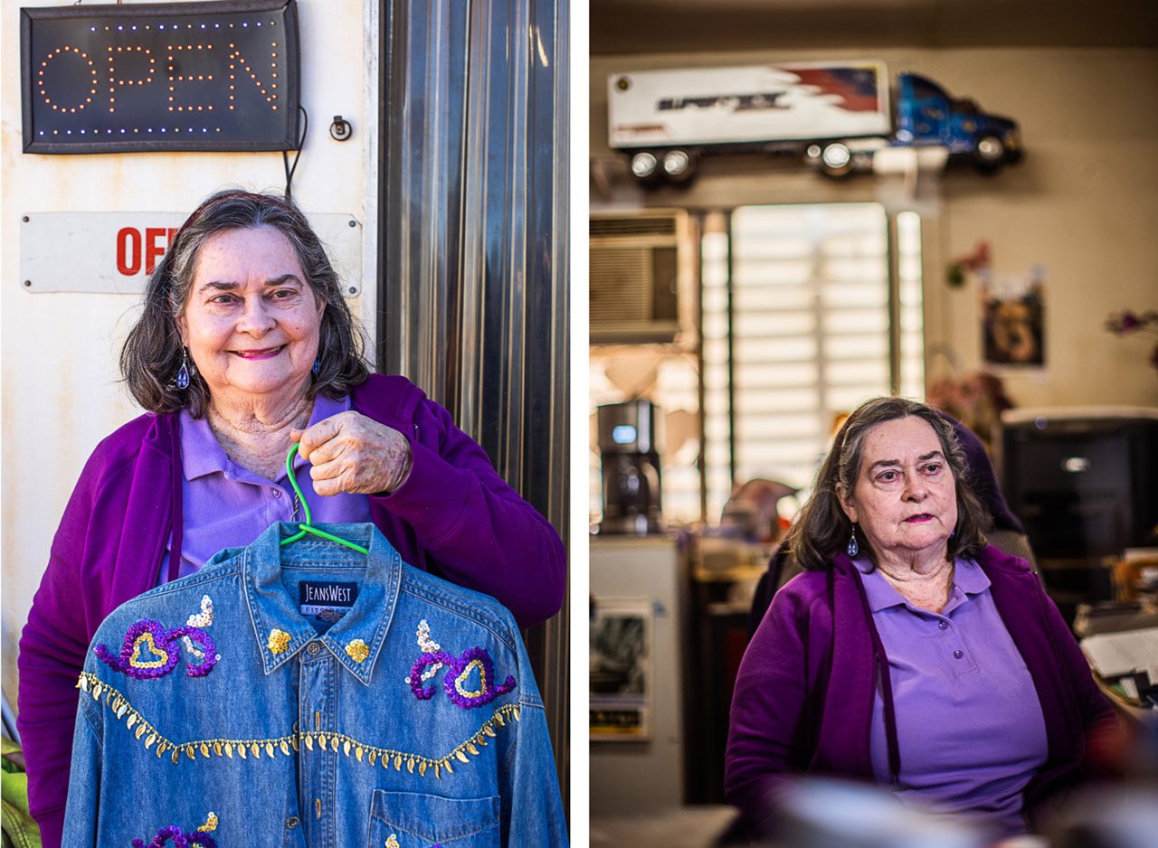 Jean Lutz proudly shows off the shirt she customised as her wedding outfit.