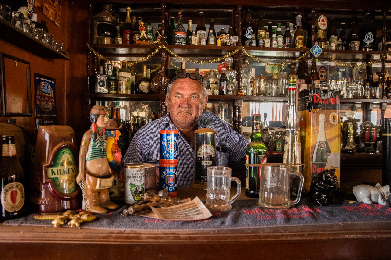 Terry has turned his boyhood bedroom in Leonora into a bar with items big and small from pubs around town.