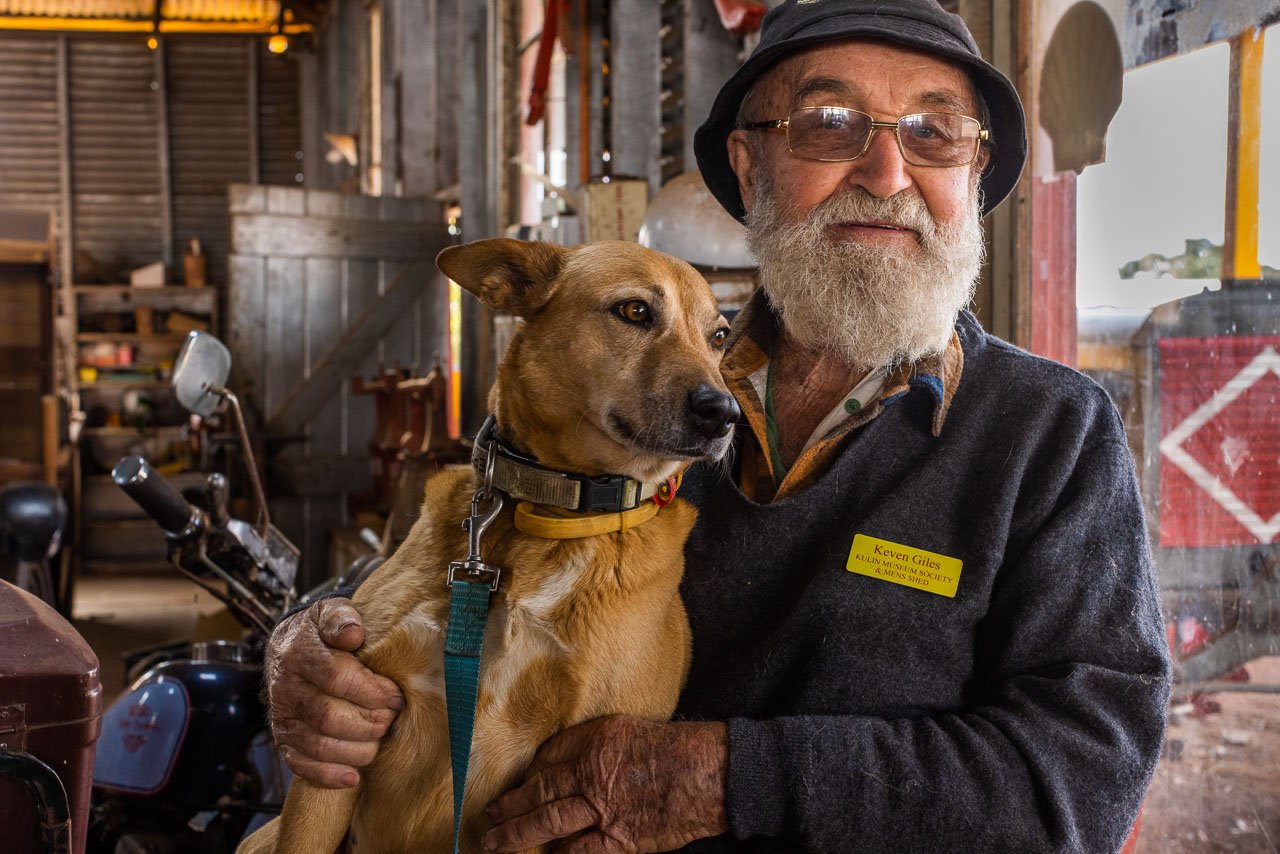 Men's Shed president Keven Giles with Pepper the dog, his constant companion