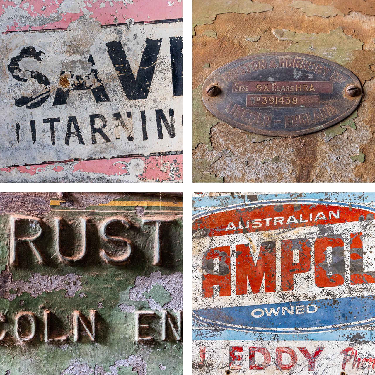 Textures and patterns in rust on old signage and vehicles