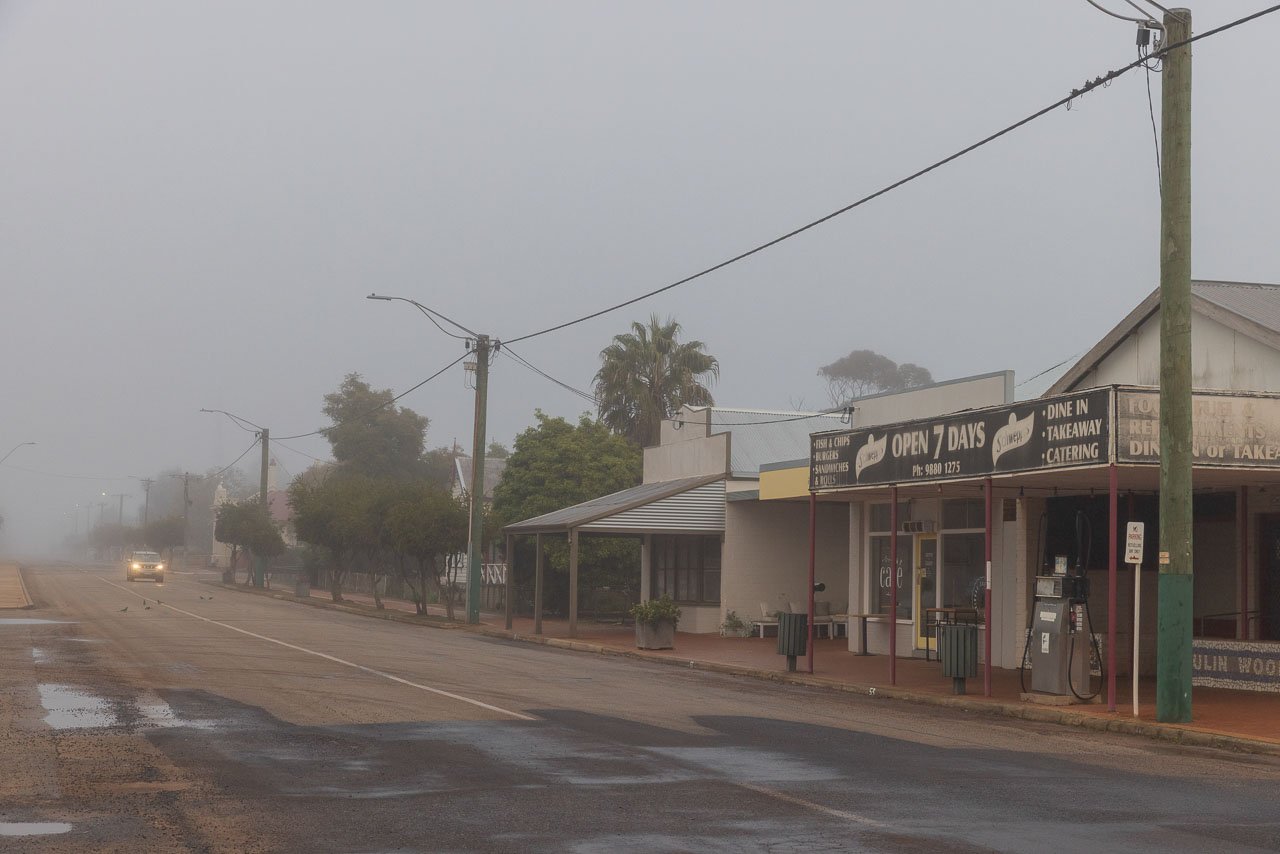 The main street of Kulin in the early morning winter fog