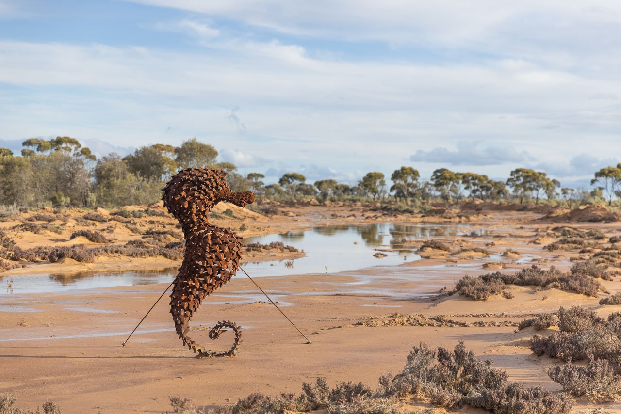 The beautiful seahorse sculpture on the Tin Horse Highway in Kulin, which celebrates the annual Kulin Bush Races