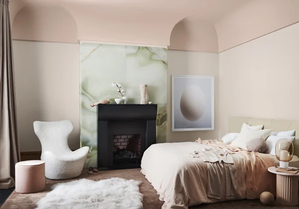 Wholeself Palette Dulux Colour Forecast. Stylist Bree Leech. Photographer Lisa Cohen. Wall colour Dulux Shetland Lace Half, ceiling Dulux Titahi Bay. Artwork: ‘Ovoid II’ original artwork by Nick Horan, Hub Furniture