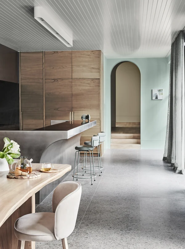 Wholeself Palette Dulux Colour Forecast. Stylist Bree Leech. Photographer Lisa Cohen. Wall colour Dulux Wainui Beach, ceiling in Dulux Cadrona. Artwork: ‘The Space in Between Trees’ original artwork by Kathryn Dolby, Modern Times.