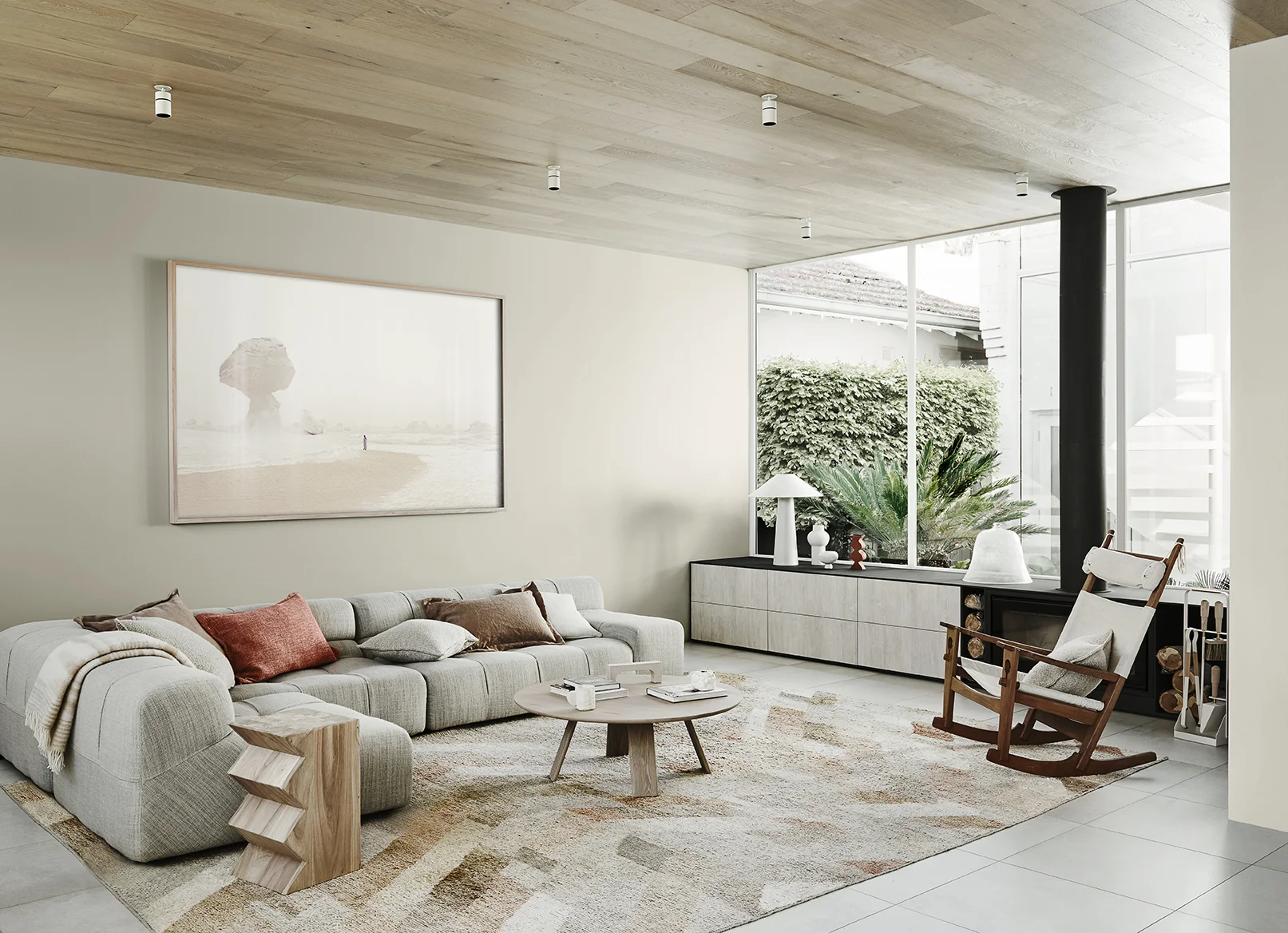 Styling by Bree Leech, Photographer Lisa Cohen. Wall in Dulux Waitangi, wall in Dulux Sandfly Point Double (right) Artwork: White Desert - Egypt by Chris Sisarich, Maker’s Mkt ;