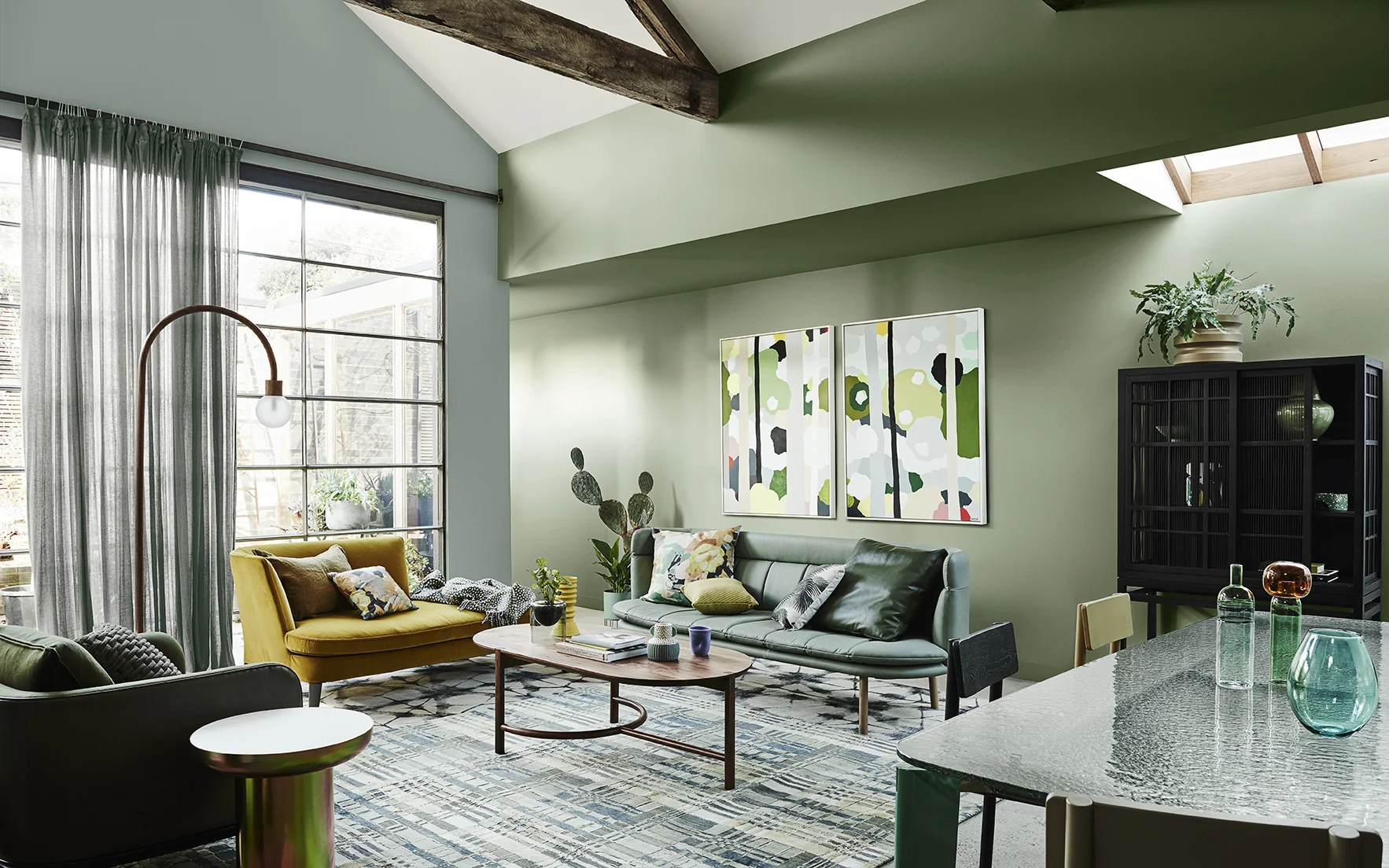 Styling by Bree Leech, Photographer Lisa Cohen. Wall in Dulux Pencarrow (left), wall in Te Aroha (right). ‘Peering In (Canopy)’ Original artwork by Clare Brodie, Studio Gallery Melbourne ;