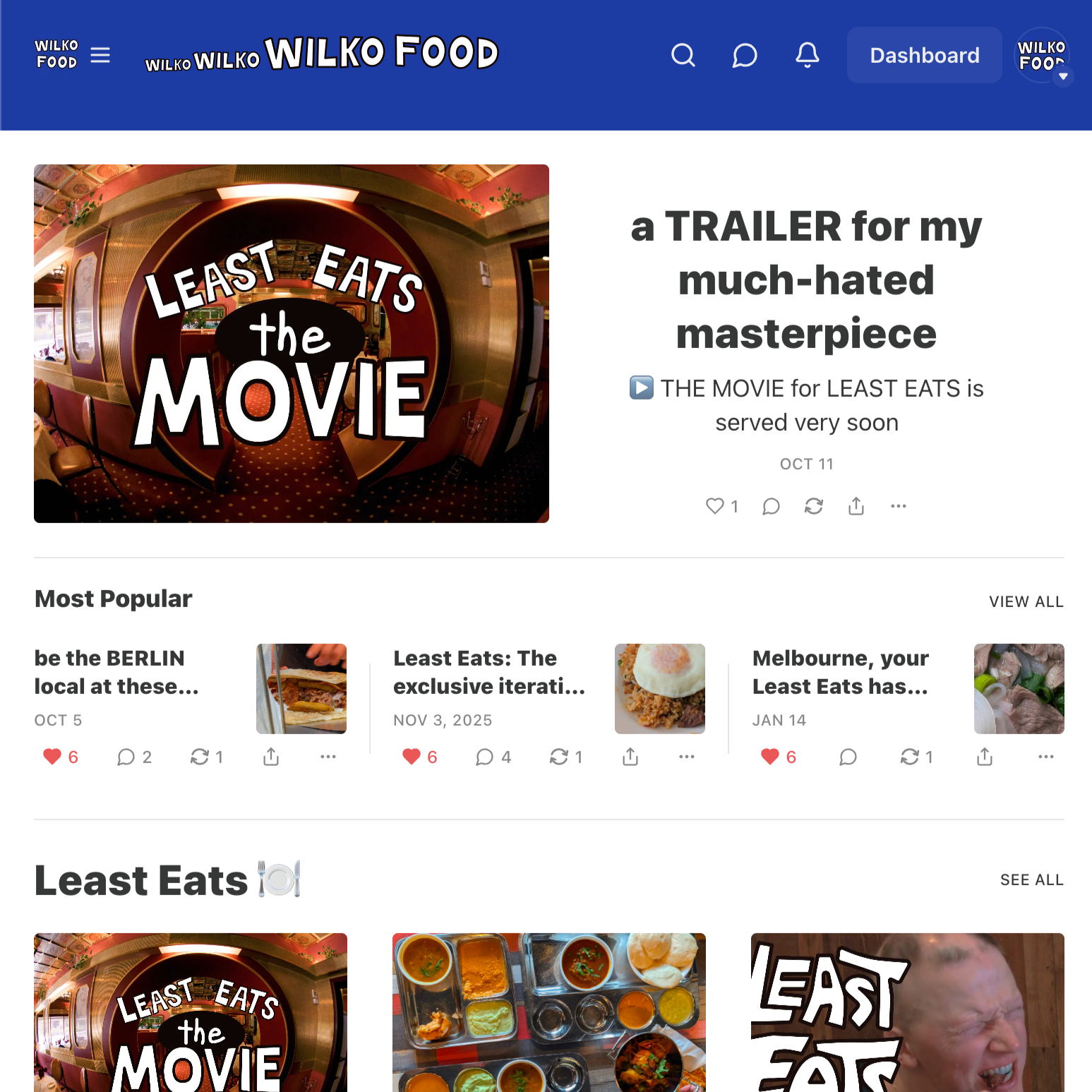 Substack hub for food writing covering LEAST EATS series, recipes and Wilko Food World city eating guides