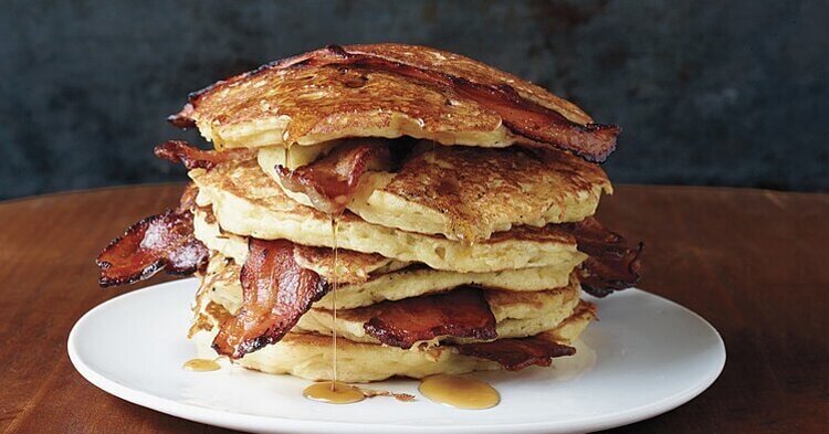 American Style Pancakes With Spiced Pear And Bacon Drizzle