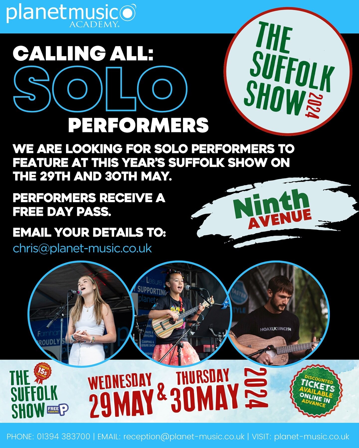 Fancy performing to over 40,000 visitors at this year&rsquo;s Suffolk Show? 
Performers receive a free day pass.
Email your details to:
chris@planet-music.co.uk