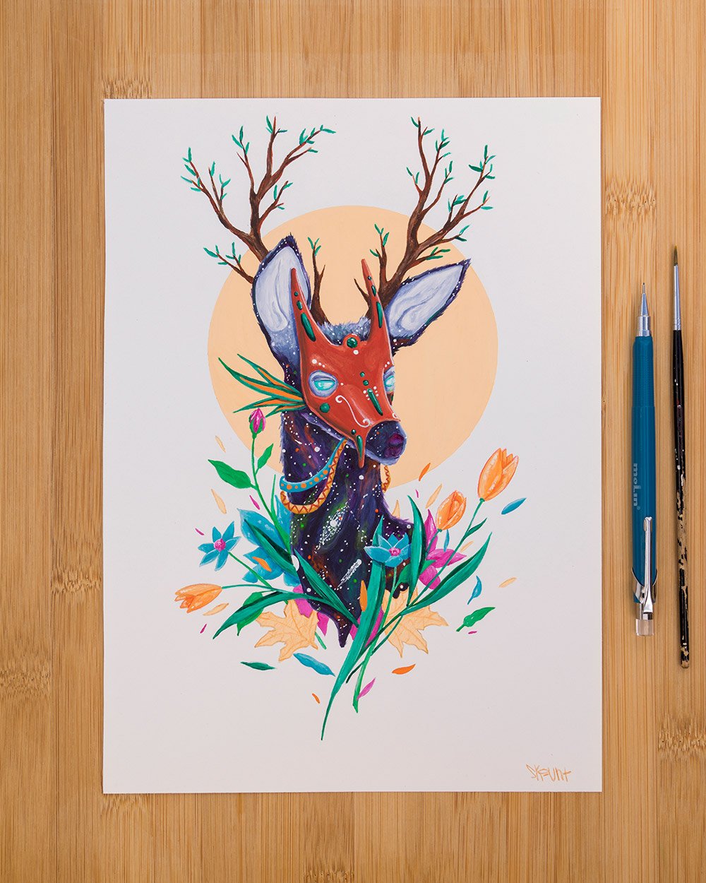 Illustration of a deer by Skount with spiritual and symbolic elements inspired by Nara