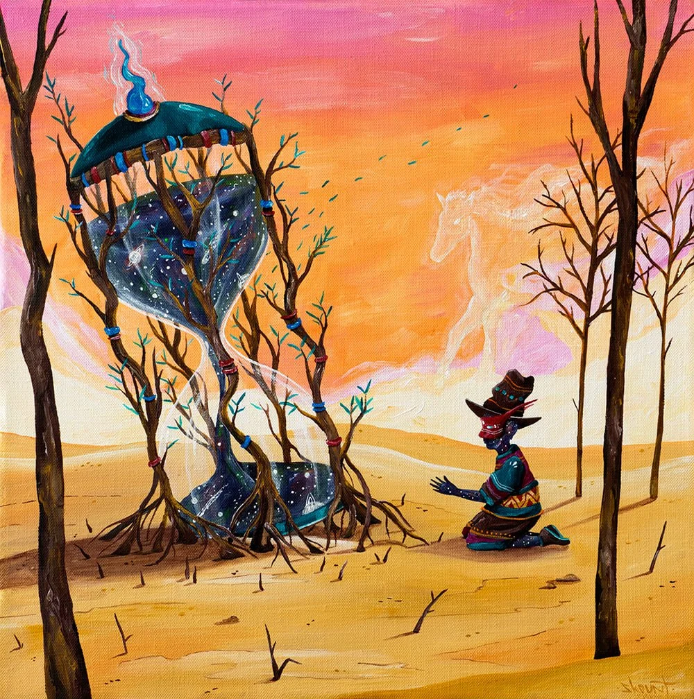 The Endless Transience of Time painting by Skount – symbolic artwork featuring a figure observing a cosmic hourglass and a running horse, representing the passage of time.
