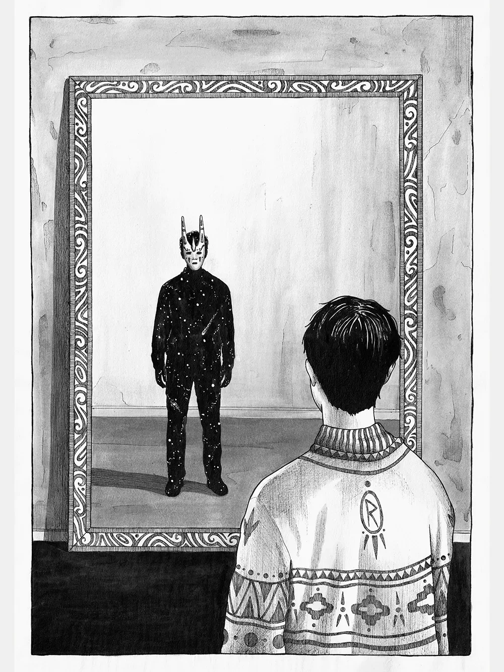The Unseen Within by Skount, a symbolic surreal painting of a figure facing a mirror with a cosmic masked reflection