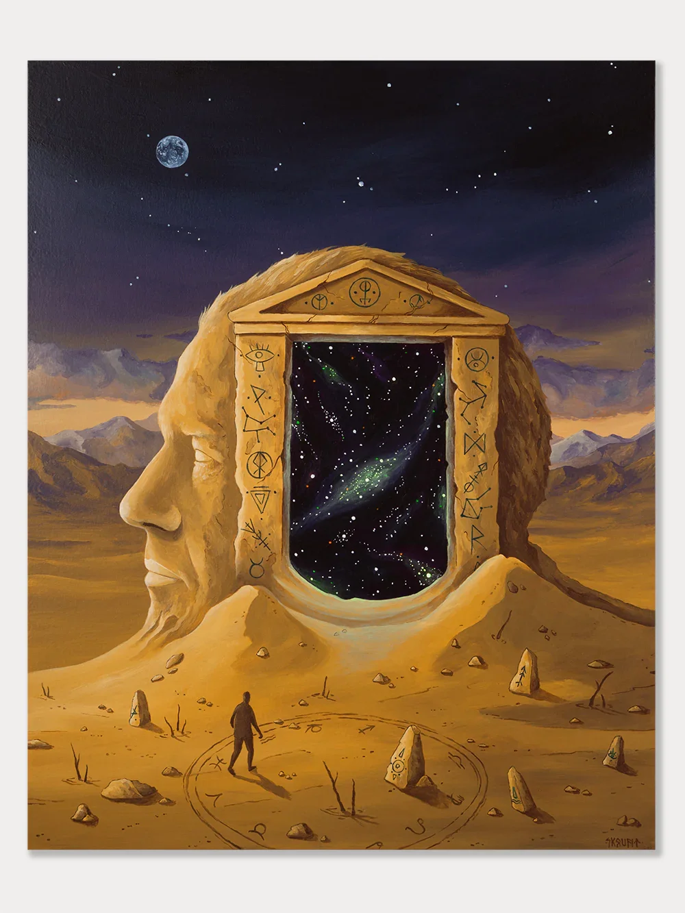 The Cosmic Passage by Skount, a cosmic symbolic painting featuring a figure crossing a desert toward a monumental stone portal
