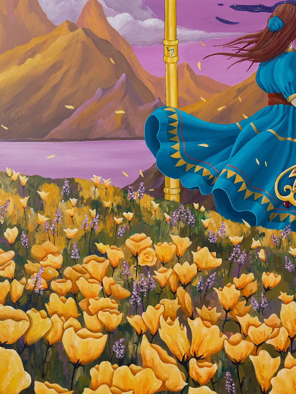 tClose-up of The Keyless Gate by Skount focusing on textures, flowers, and cosmic symbolism