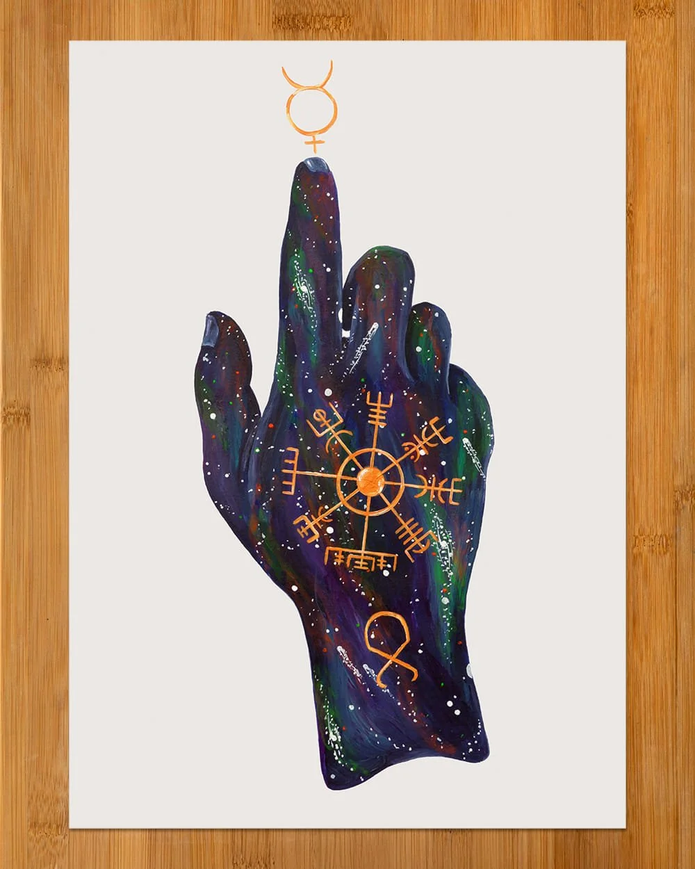 Full view of Vegvísir: The Wayfinder, a symbolic hand illustration about protection and direction.