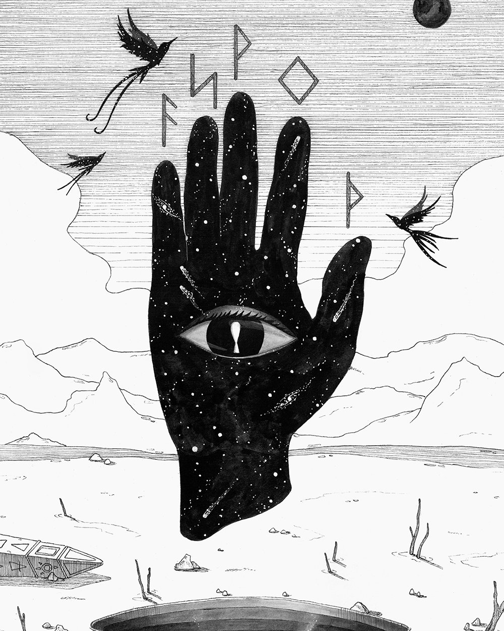 Close-up detail of the cosmic hand, eye, and Norse runes in Skount’s ink illustration The Revelation Within