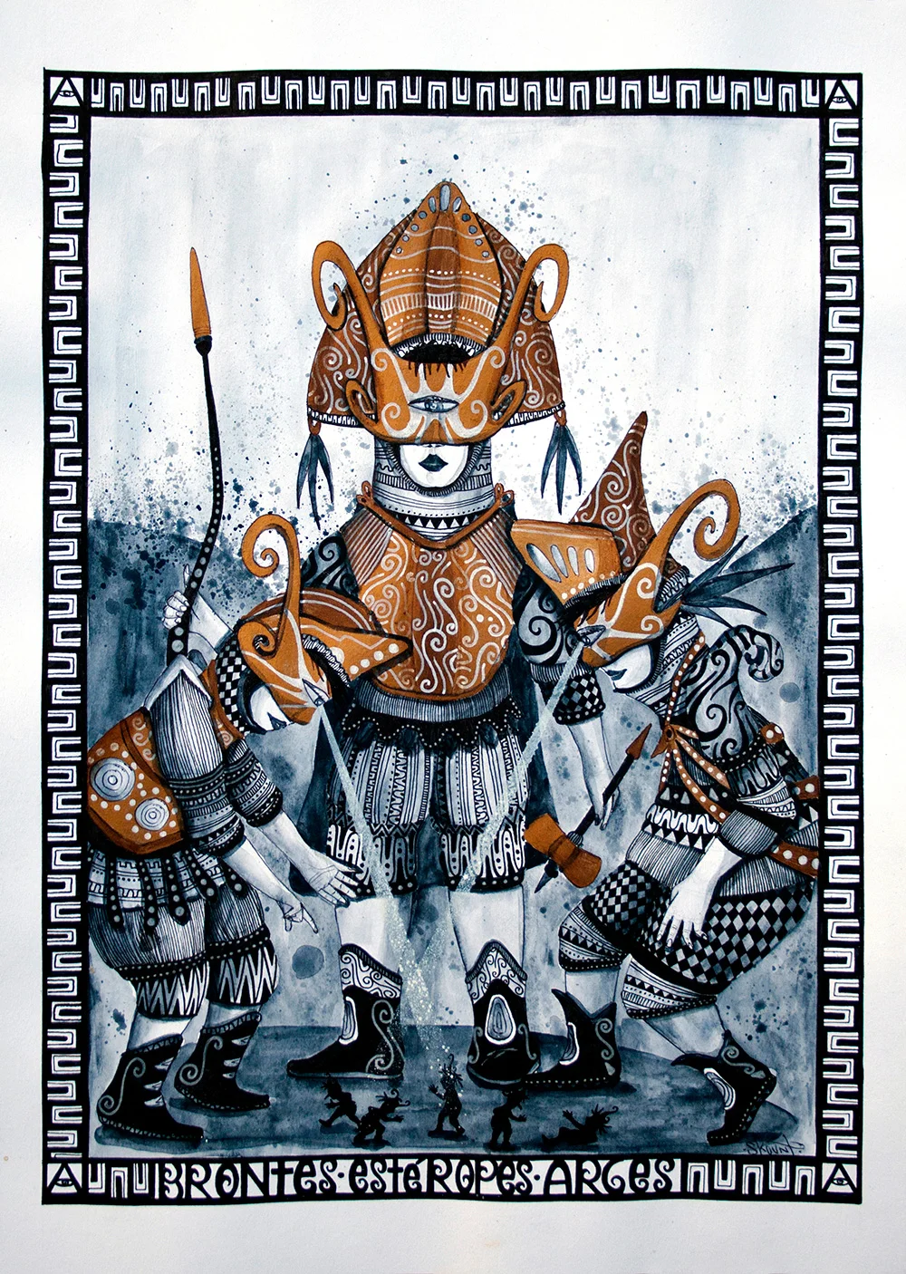 CYCLOPS , BRONTES, ESTÉROPES AND ARGES. WATERCOLOR AND INK ON 300GR WATERCOLOR PAPER 42 X 30 CM. 2013