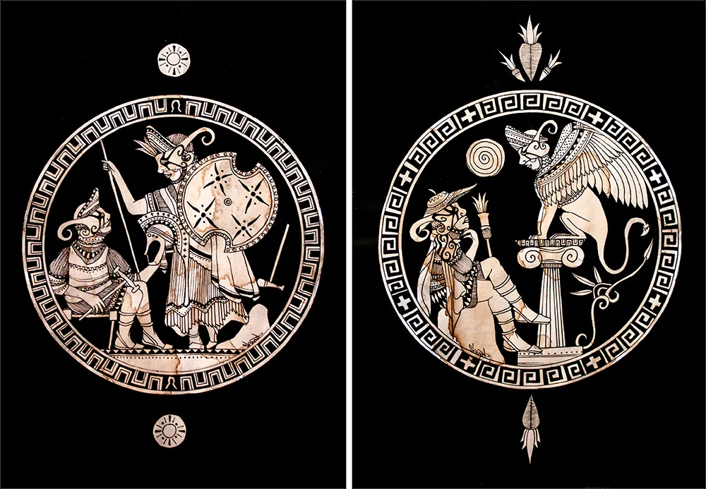 HEPHAESTUS AND ATHENA , WATERCOLOR AND INK ON 300GR WATERCOLOR PAPER, 20 X 30 CM. 2013 OEDIPUS AND THE SPHINX , WATERCOLOR AND INK ON 300GR WATERCOLOR PAPER, 20 X 30 CM. 2013
