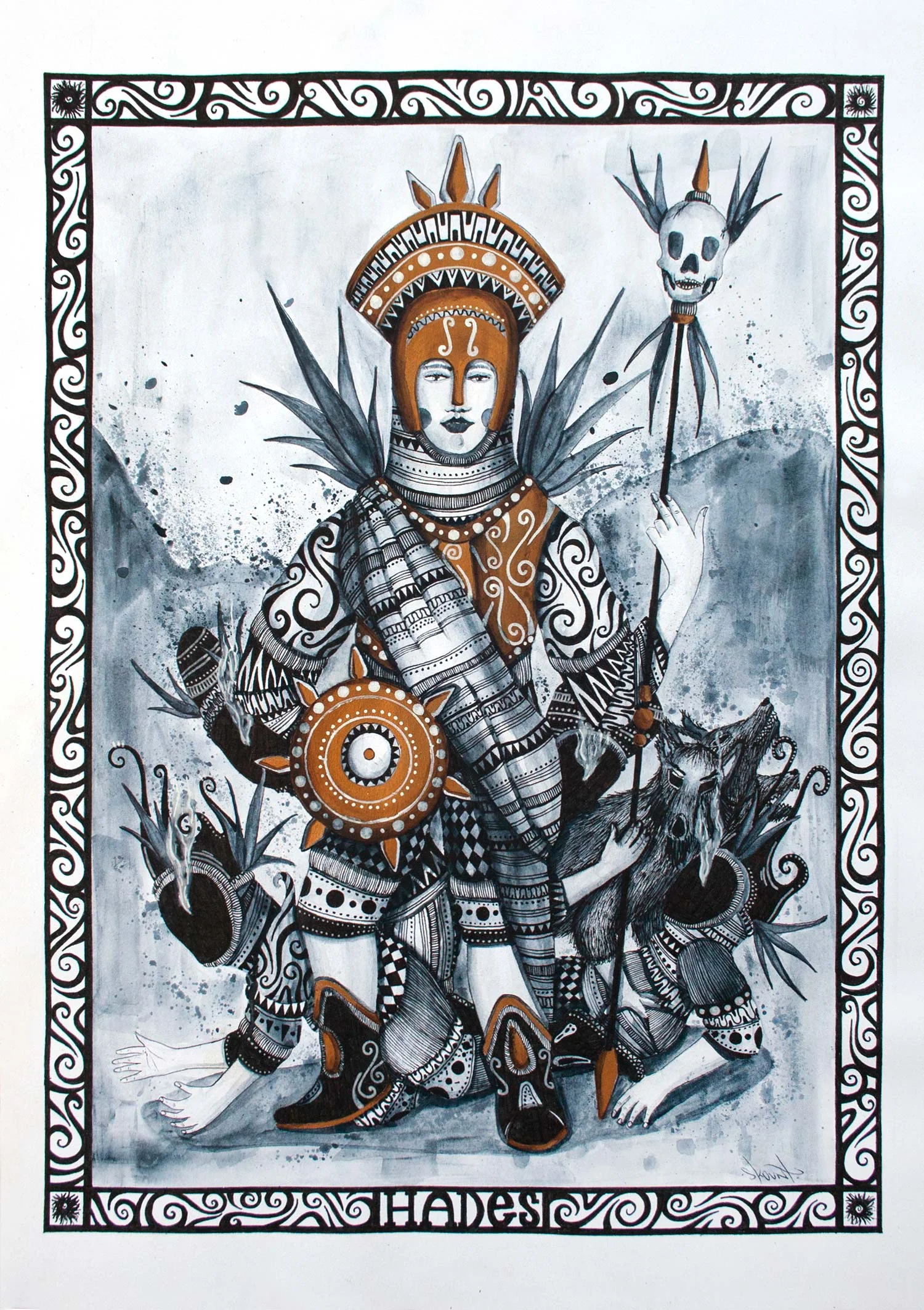 HADES , GOD OF THE UNDERWORLD. WATERCOLOR AND INK ON 300GR WATERCOLOR PAPER 42 X 30 CM. 2013WATERCOLOR AND INK ON 300GR WATERCOLOR PAPER 42 X 30 CM. 2013