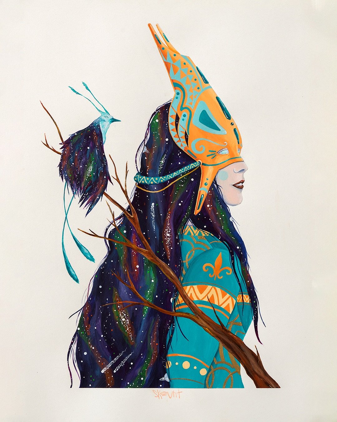 Falconer
Acrylic on 250gr Arches cotton paper.

Inspired by the ancient tradition of women in falconry, this painting symbolizes strength, wisdom, and hope. The woman, embodying resilience and grace, connects deeply with the falcon, an emblem of enli