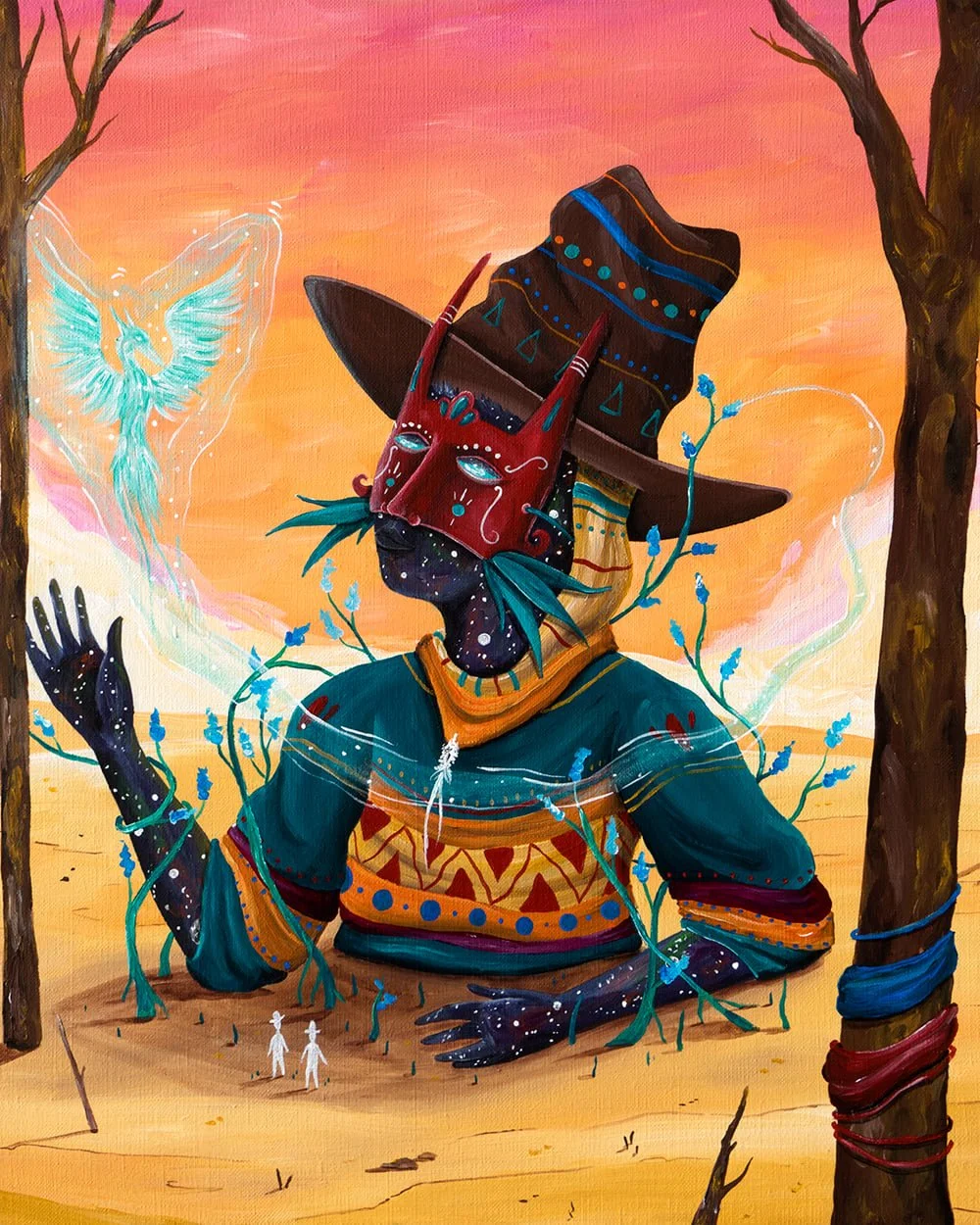 Detail of The Cosmos That Rises showing the cosmic figure, blooming flowers, and rising blue phoenix symbolizing rebirth