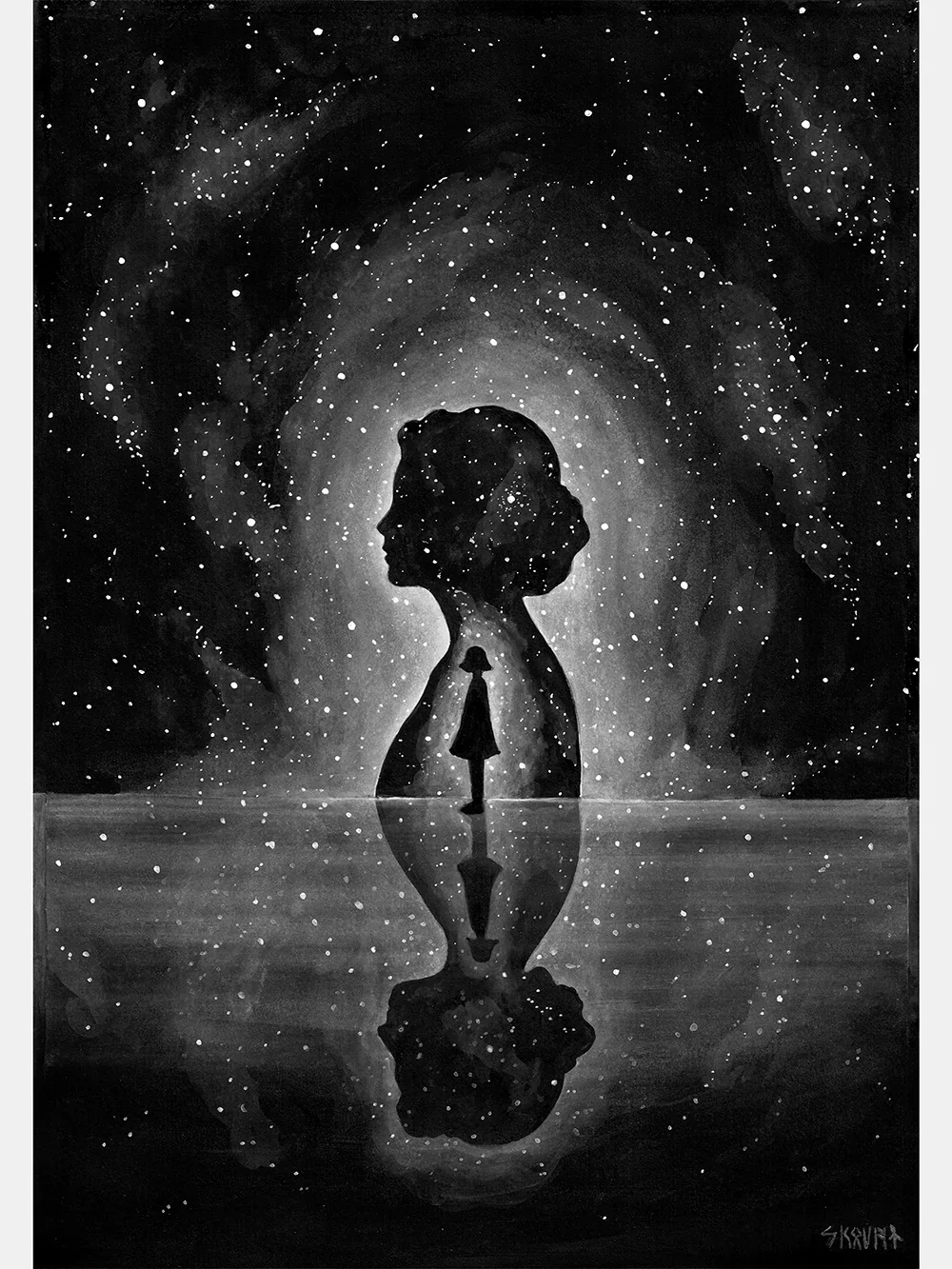 The Fertile Void by Skount, a symbolic surreal ink drawing featuring a young silhouette surrounded by a cosmic universe