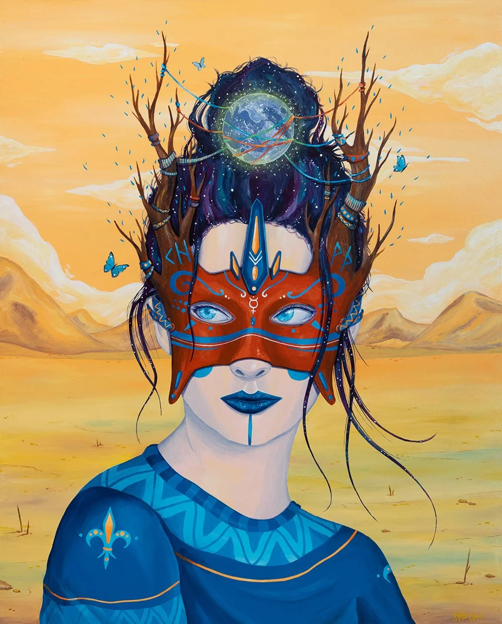 The Divine Feminine, symbolic painting by Skount: female figure wearing a Mercury mask with Viking runes, branches embracing the moon, fleur-de-lis clothing, desert background; representing transformation, feminine energy, and inner balance.