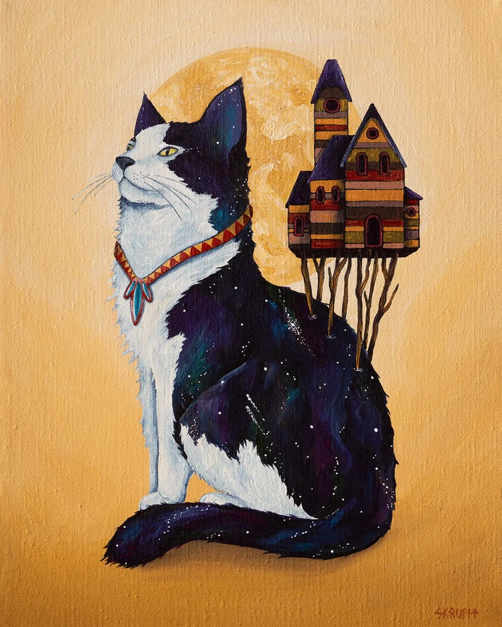 Full view of The Keeper painting by Skount showing a cosmic cat with a house on its back and a moon background