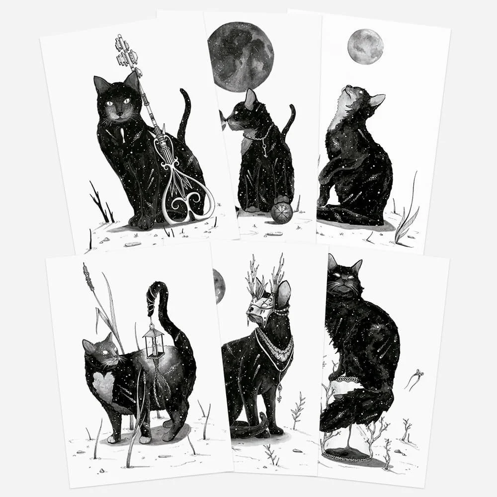 Cosmic Kitties postcard set by Skount, featuring six illustrated cat artworks inspired by symbolism, mysticism and the cosmos.
