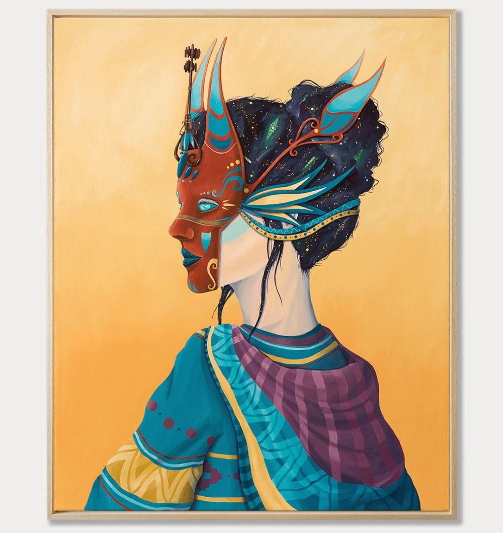 Eternal Wisdom – Dísir painting inspired by Norse mythology, featuring a woman with a key-adorned mask and Fleur de Lis, symbolizing spiritual balance and unlocking inner awareness.