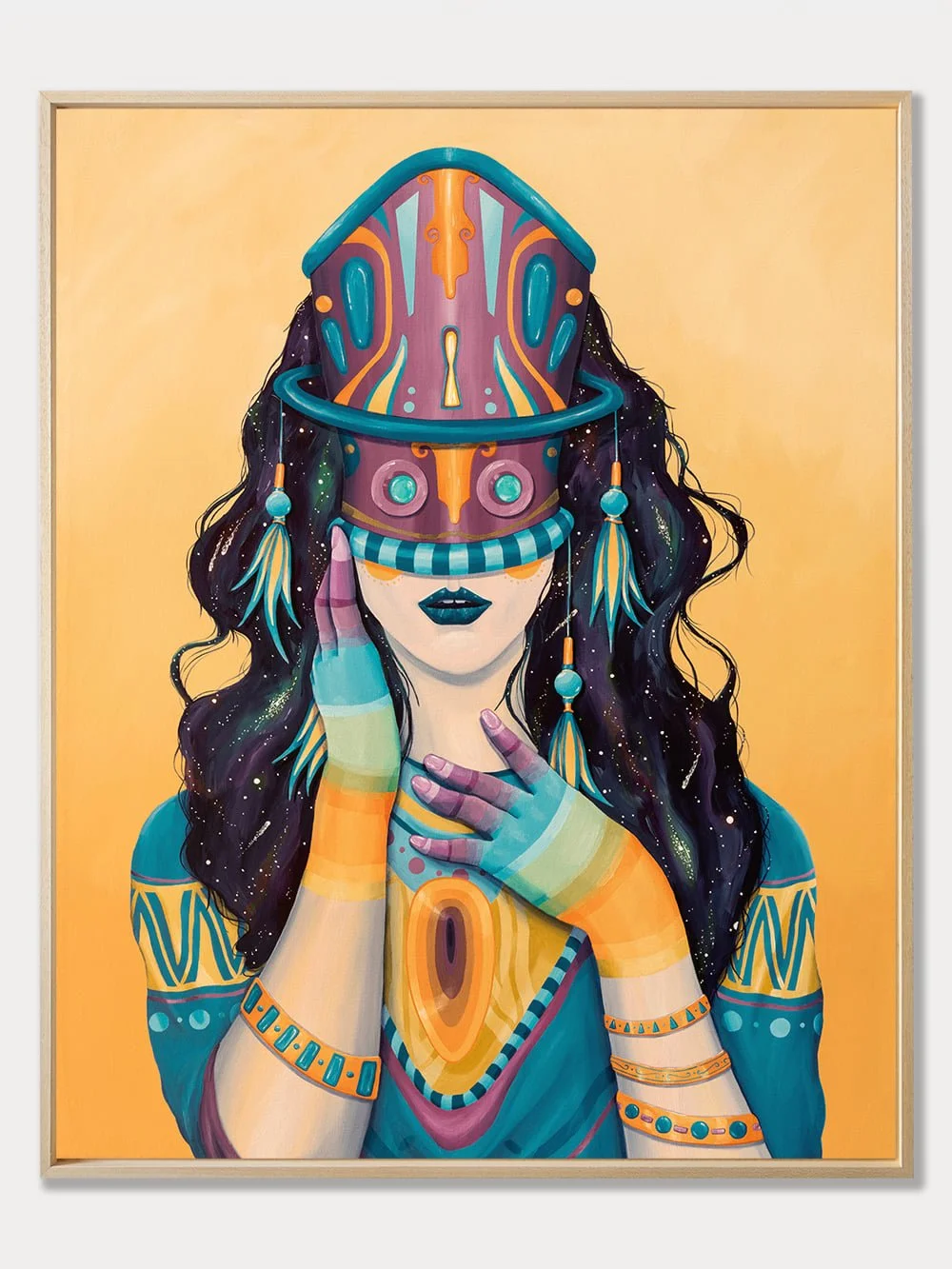 Veiled Knowledge by Skount, a symbolic original painting featuring a feminine figure with a lock symbol and cosmic elements